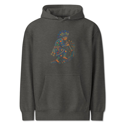 Southwest style Kokopelli and flute player graphic on a colorful pullover hoodie.