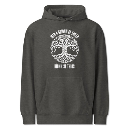 Celtic Tree of Life hoodie featuring Irish Gaelic knotwork and 'As Above So Below' design motif.