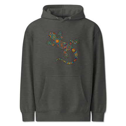 Mexican Huichol folk art gecko and lizard print on a colorful pullover hoodie.