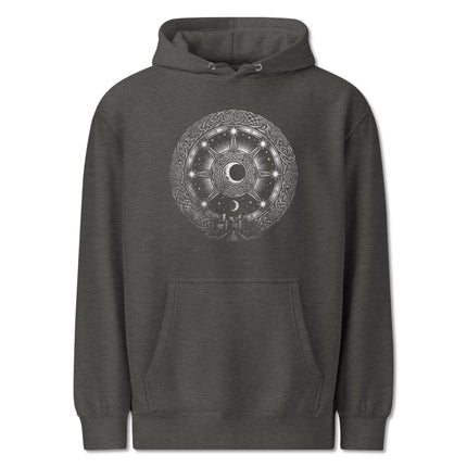 Arianrhod silver wheel hoodie featuring celtic mythology and lunar chart designs.