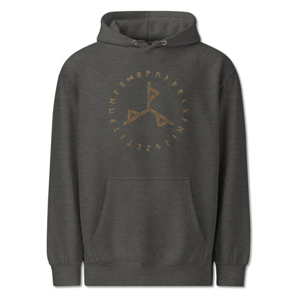Norse Futhark runes circle hoodie with Viking power bind rune design.