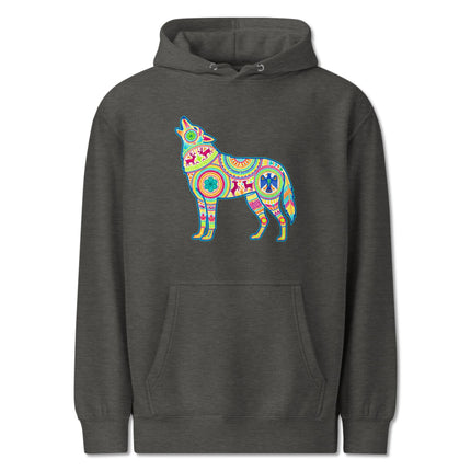 Vibrant Huichol wolf graphic hoodie featuring Mexican folk art patterns and colorful pullover design.