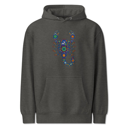 Huichol scorpion design hoodie featuring vibrant Mexican folk art print.
