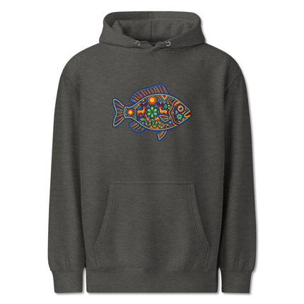 Colorful Huichol art hoodie featuring Mexican folk motifs of fish, deer, and the sun design.