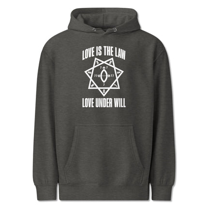 Love Is The Law Thelema pullover hoodie featuring the occult Star of Babalon emblem design.