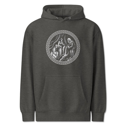 Norns and Yggdrasil fate weavers graphic print on a unisex Norse mythology pullover hoodie.