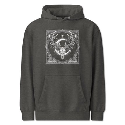 Occult stag skull art hoodie featuring antler crown, crescent moon, and mystical nature design print.