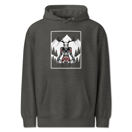 Wendigo skull and antler graphic pullover hoodie featuring cryptid tribal forest artwork.