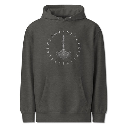 Viking Mjolnir hammer rune hoodie featuring Norse mythology design print on fleece pullover.