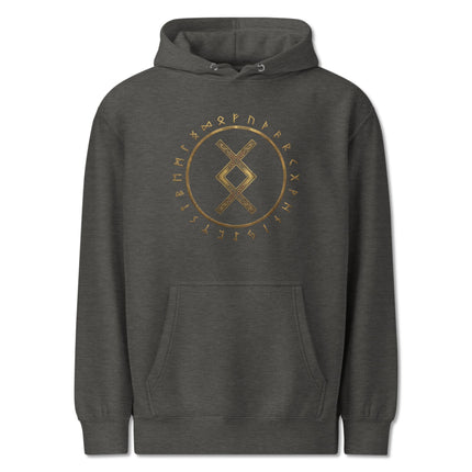 Norse hoodie featuring the Inguz rune and complete Futhark Circle graphic print on black fleece pullover.