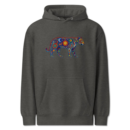Vibrant Huichol jaguar graphic hoodie featuring indigenous Mexican folk art pullover fleece design.