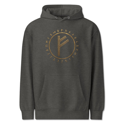 Fehu Rune circle graphic on black Norse Viking pullover hoodie featuring Elder Futhark symbols.
