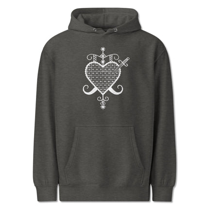 Erzulie Dantor Veve gothic voodoo hoodie with celestial heart sacred geometry design.