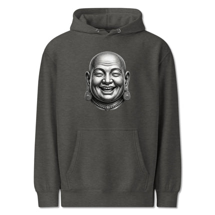 Happy laughing Buddha Hotei Zen character graphic printed on a comfortable pullover hoodie.
