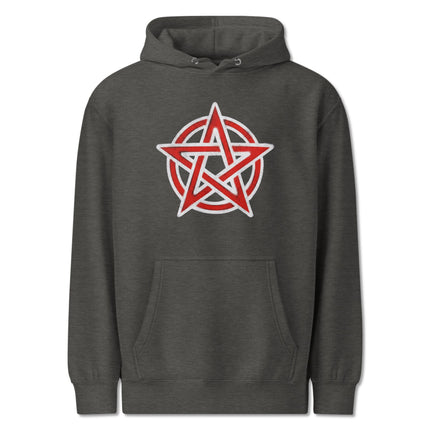 Red pentacle symbol graphic on a wiccan pagan occult pullover hoodie.