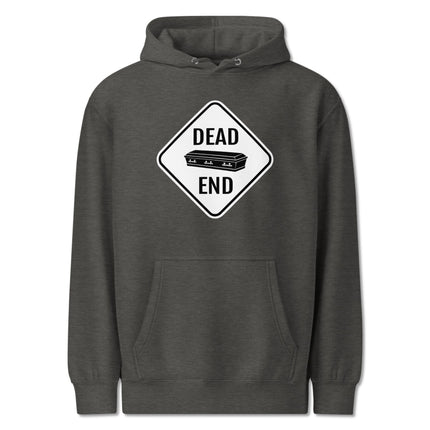 Dark humor hoodie featuring a dead end coffin road sign graphic print on fleece pullover.