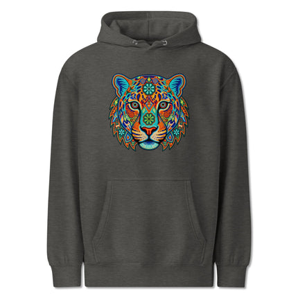 Vibrant Huichol Jaguar Hoodie featuring Mexican folk art animal print design pullover.