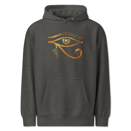 Gold and blue Eye of Horus symbol on an ancient Egyptian style pullover hoodie.