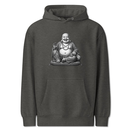 Laughing Buddha zen graphic on a spiritual pullover hoodie featuring happy Budai Hotei art.
