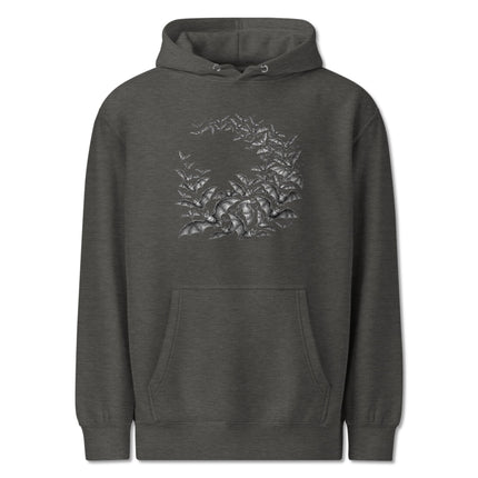 Unisex gothic hoodie featuring a circular bat swarm animal graphic print.