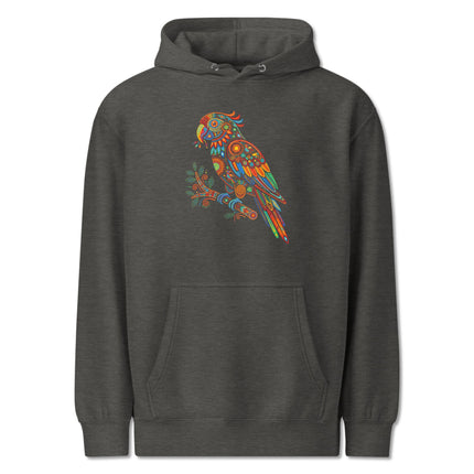 Boho huichol parrot mandala design print featuring colorful spirit animal art on a cozy hoodie.