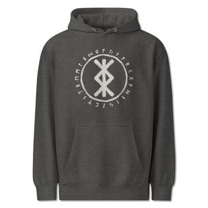 Viking Futhark runes and Norse protection bind symbols on a pullover hoodie.