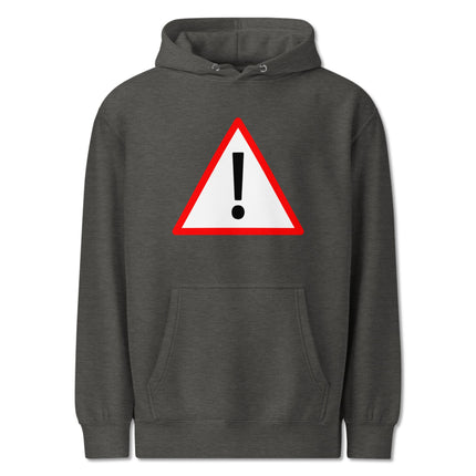 Red hazard triangle with exclamation mark graphic on a pullover hoodie.