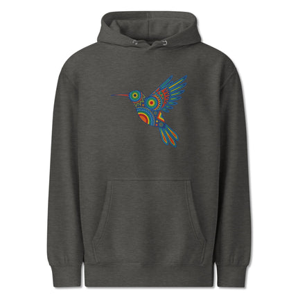 Colorful Huichol hummingbird graphic printed on a vibrant indigenous art pullover hoodie.