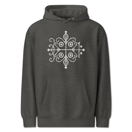 Black hoodie featuring Papa Legba Veve art and Haitian Vodou sacred geometry design.