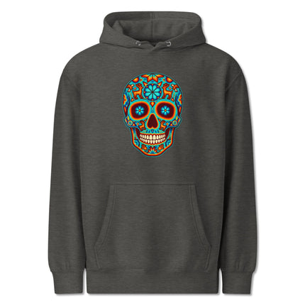Colorful Huichol skull graphic hoodie featuring Día de Muertos sugar skull art print.