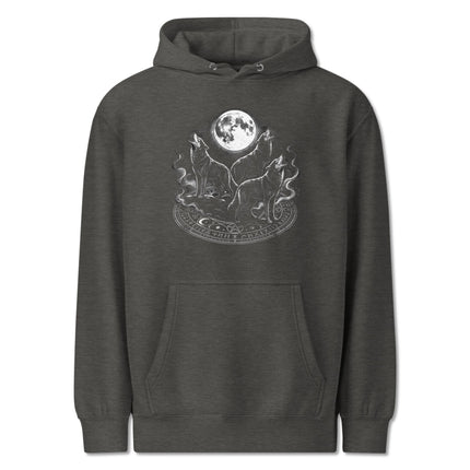 Howling wolves under a full moon graphic on a canine spirit hoodie.