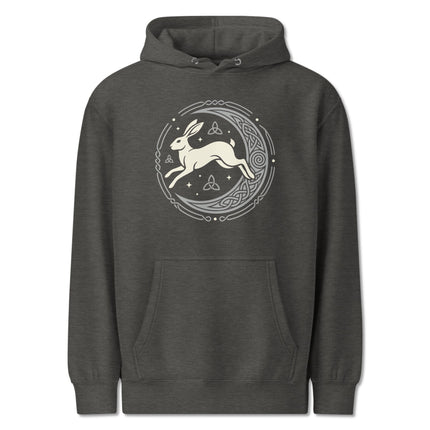 Pagan hoodie featuring Celtic Hare and Moon geometric mandala mythology design.