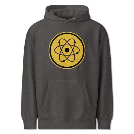 Physics geek pullover hoodie featuring a detailed atomic model and science-themed atom symbol graphic print.