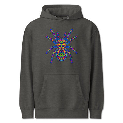 Pullover hoodie featuring vibrant Huichol tarantula Mexican folk art design.