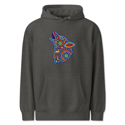 Vibrant Huichol wolf howling pullover hoodie featuring Mexican folk art design.