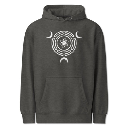 Hekate's Wheel Triple Moon Goddess pullover hoodie design featuring witchy celestial symbols.