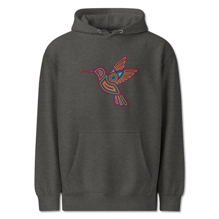 Colorful Huichol hummingbird art pullover hoodie featuring indigenous bird symbols.
