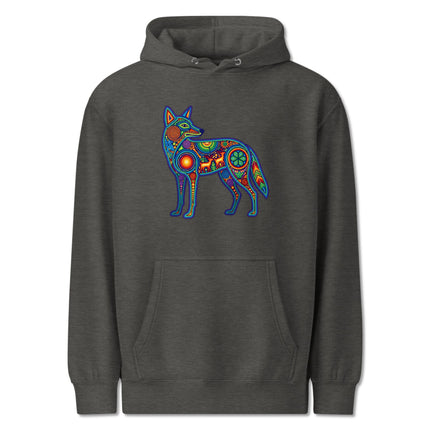 Vibrant Huichol coyote hoodie featuring colorful indigenous Mexican folk art print.