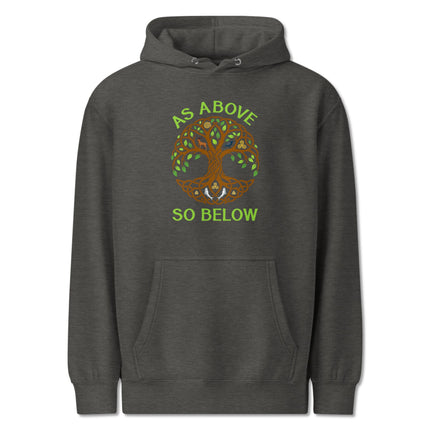 Tree of Life and Celtic Knot spiritual hoodie featuring "As Above So Below" design.