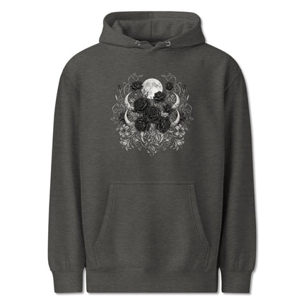 Black hoodie featuring celestial moons and black roses, perfect witchy gothic aesthetic print.