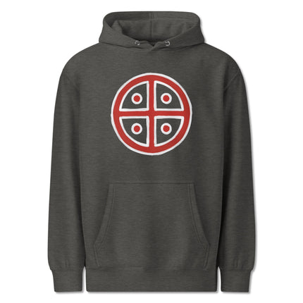 Unisex pullover hoodie featuring a detailed solar cross symbol and ancient pagan sun wheel graphic.