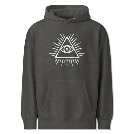 Black pullover hoodie featuring the Eye of Providence and all-seeing eye pyramid symbol design.