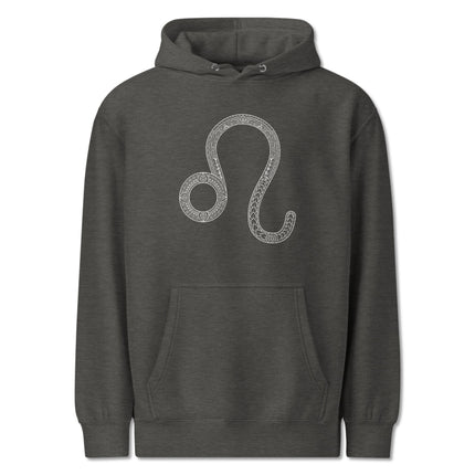 Black pullover hoodie displaying the intricate Leo zodiac sign symbol.