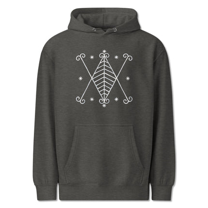 Black pullover hoodie featuring a detailed voodoo celestial graphic design print.