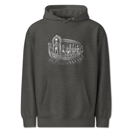 Egyptian solar barge design on pullover hoodie featuring ancient Ra mythology.