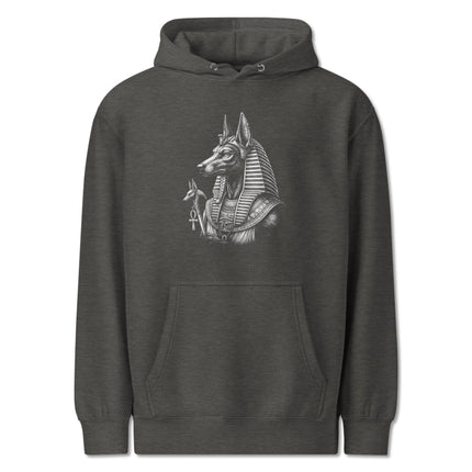 Anubis Egyptian god pullover hoodie featuring a detailed jackal portrait.