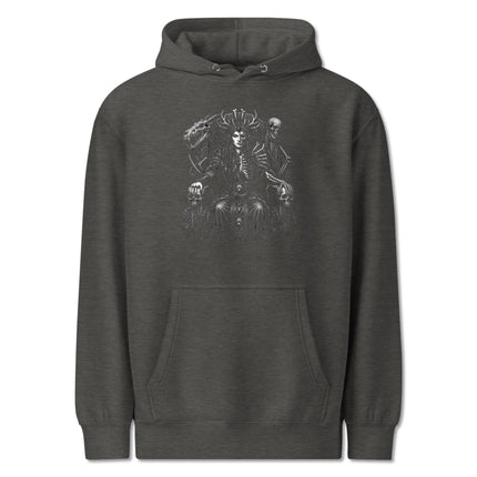 Norse goddess Hel Queen hoodie featuring dragon, skulls, and throne design print.