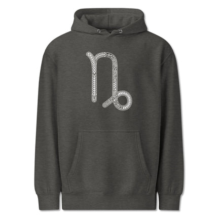 Ornate Capricorn zodiac symbol pullover hoodie featuring detailed astrology star sign design.
