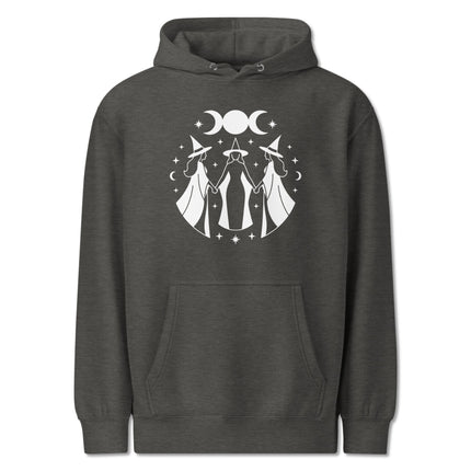 Celestial witch hoodie featuring moon phases, triple goddess symbols, and cosmic graphics.