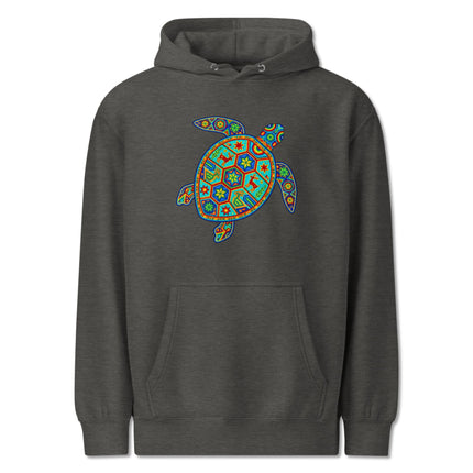 Vibrant tribal sea turtle graphic on a fleece pullover hoodie featuring Huichol-inspired art design.